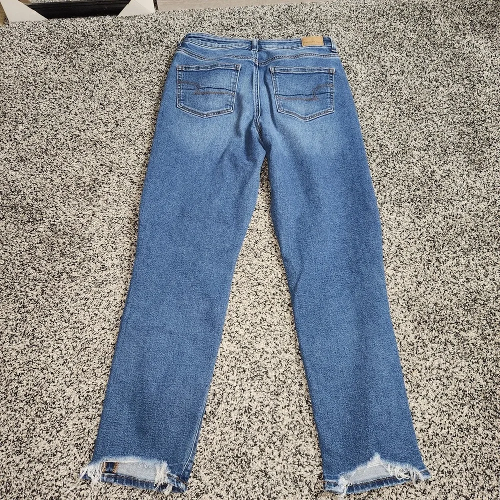 American Eagle Mom Jeans Hi Rise Destruction Darkwash Stretch Women's 6 Reg,90's